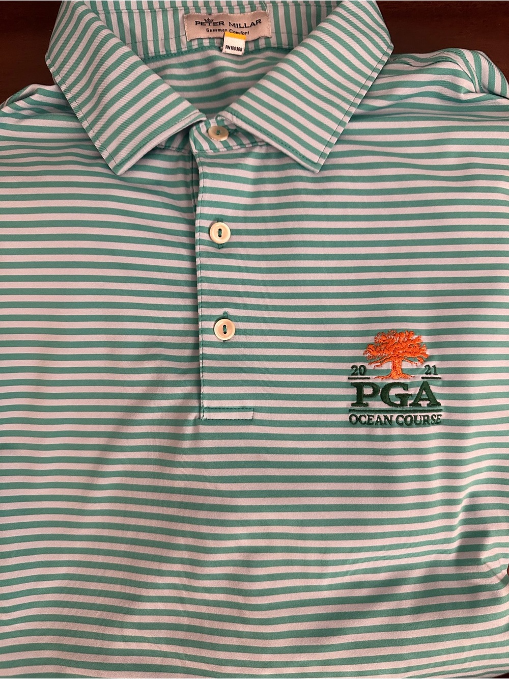 Peter Millar Mint & Blue Striped 2021 PGA at THE Ocean Course Polo